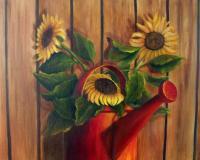 Still Life - Sunflowers In Red Watering Can - Oils On Canvas
