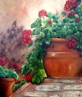 Landscapes - Geraniums On The Stone Wall - Oils On Canvas
